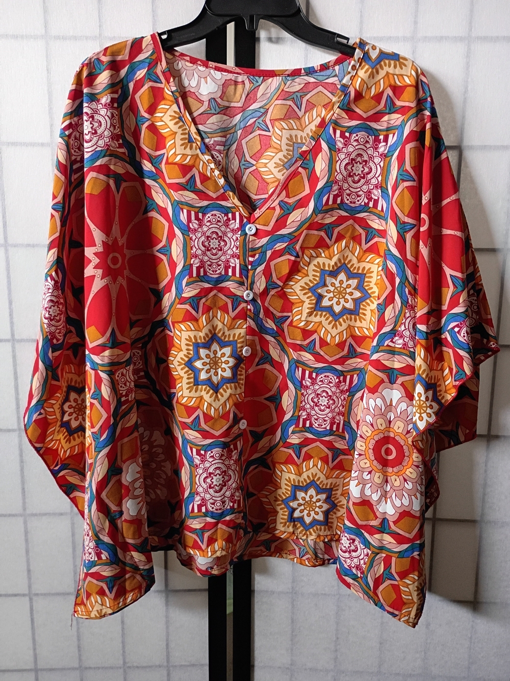 SHEIN Red Geometric Floral Button-Front Blouse